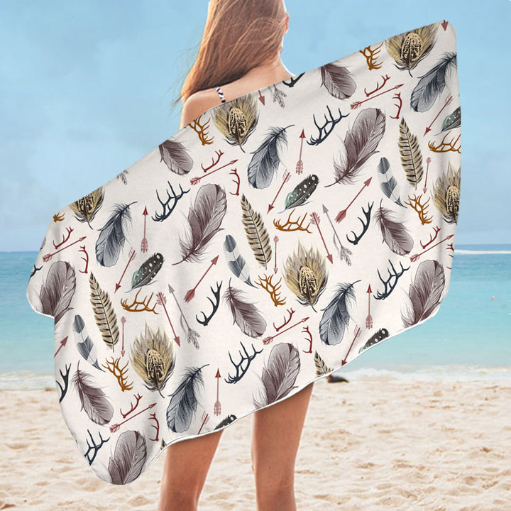 Native Pattern Beach Towels Deer Antlers Arrows and Feathers
