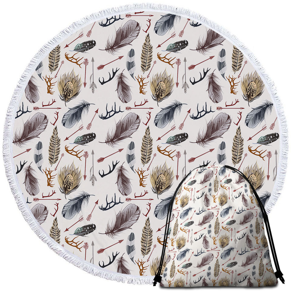 Native Pattern Circle Beach Towel Deer Antlers Arrows and Feathers