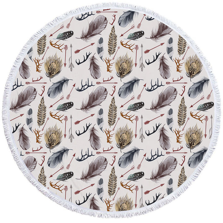 Native Pattern Round Beach Towel Deer Antlers Arrows and Feathers