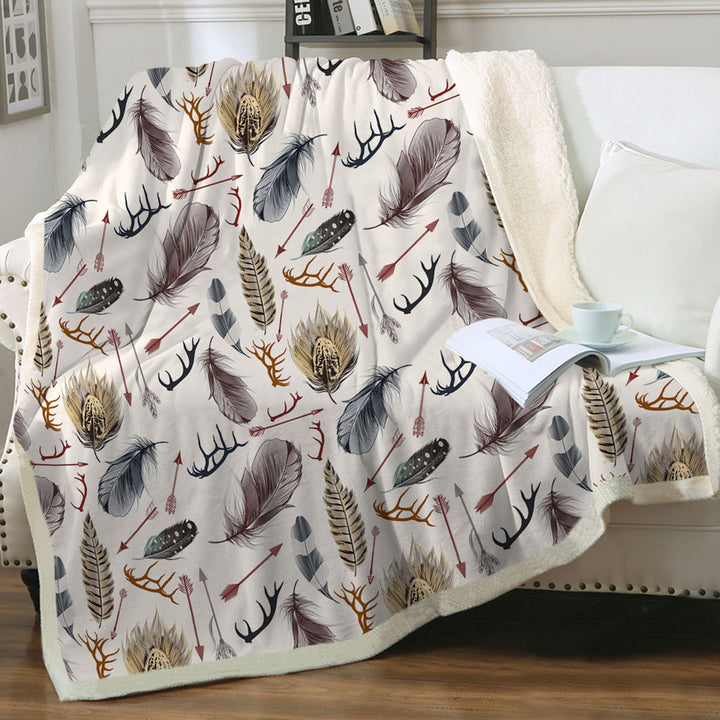 Native Pattern Throws Deer Antlers Arrows and Feathers