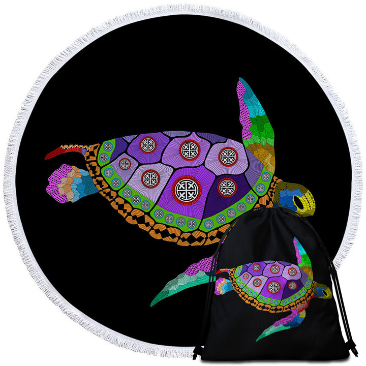 Native Purple Turtle Round Beach Towel