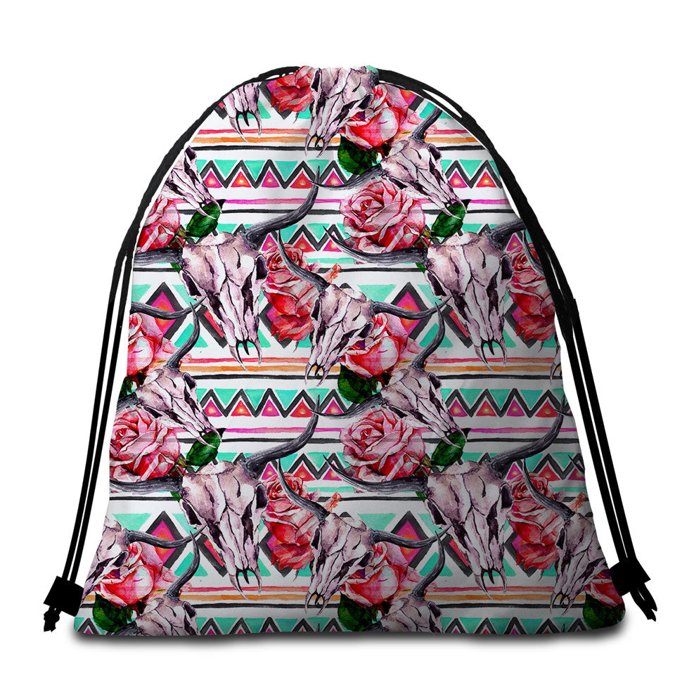 Native Roses Bull Skull Beach Towel Bags for Guys