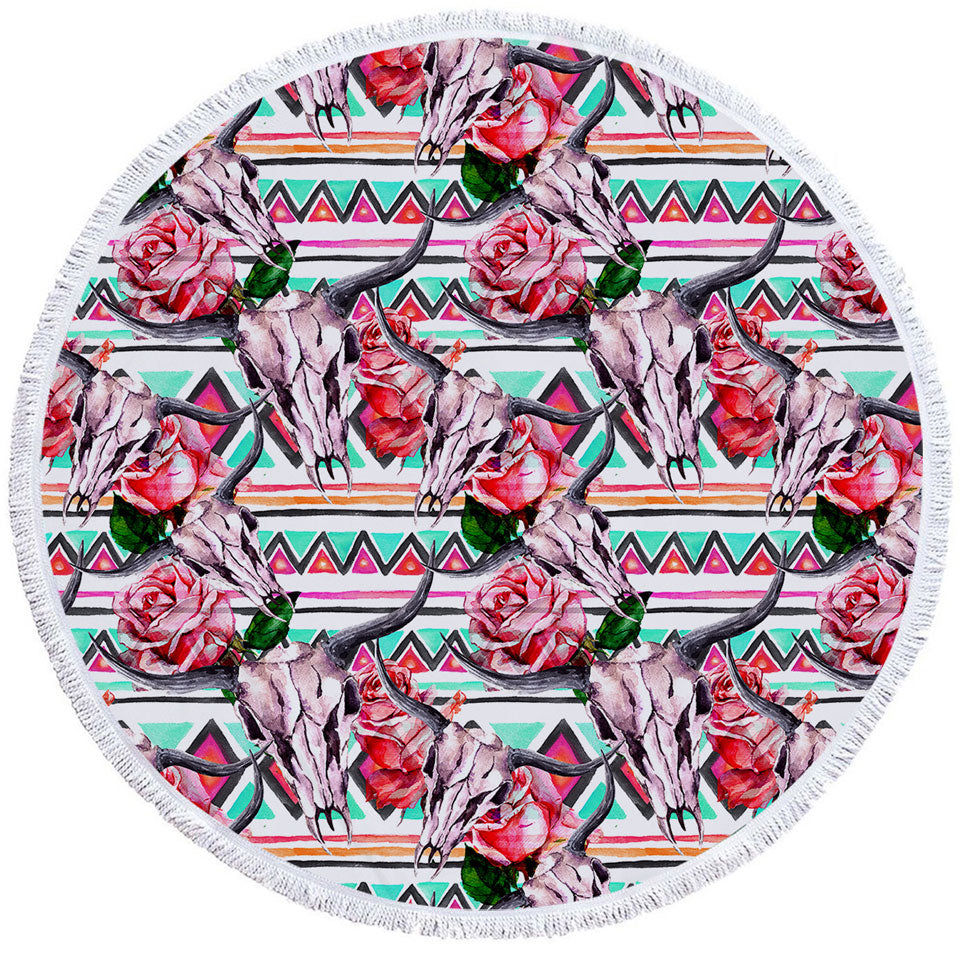 Native Roses Bull Skull Beach Towel for Guys