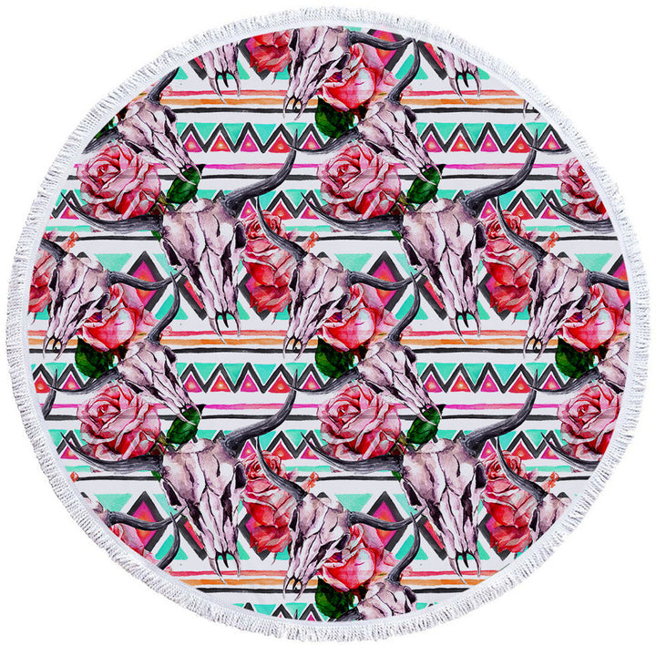 Native Roses Bull Skull Beach Towel for Guys