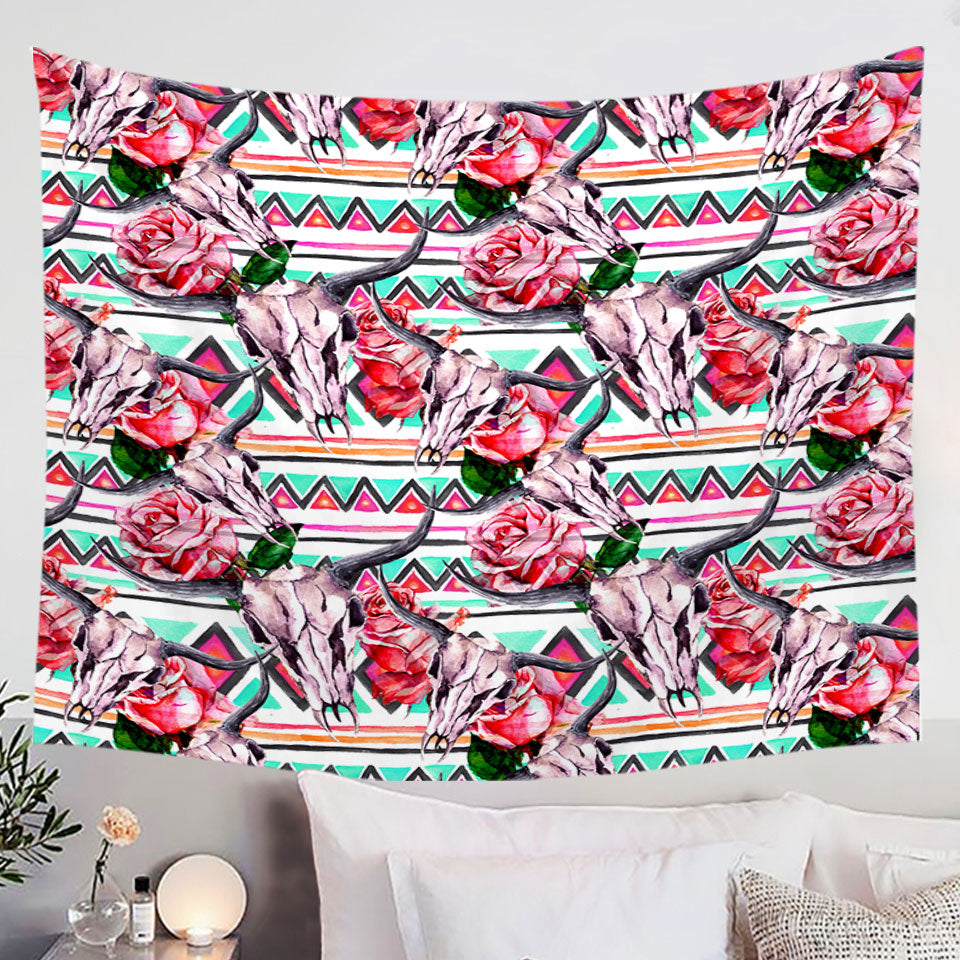 Native Roses Bull Skull Tapestry