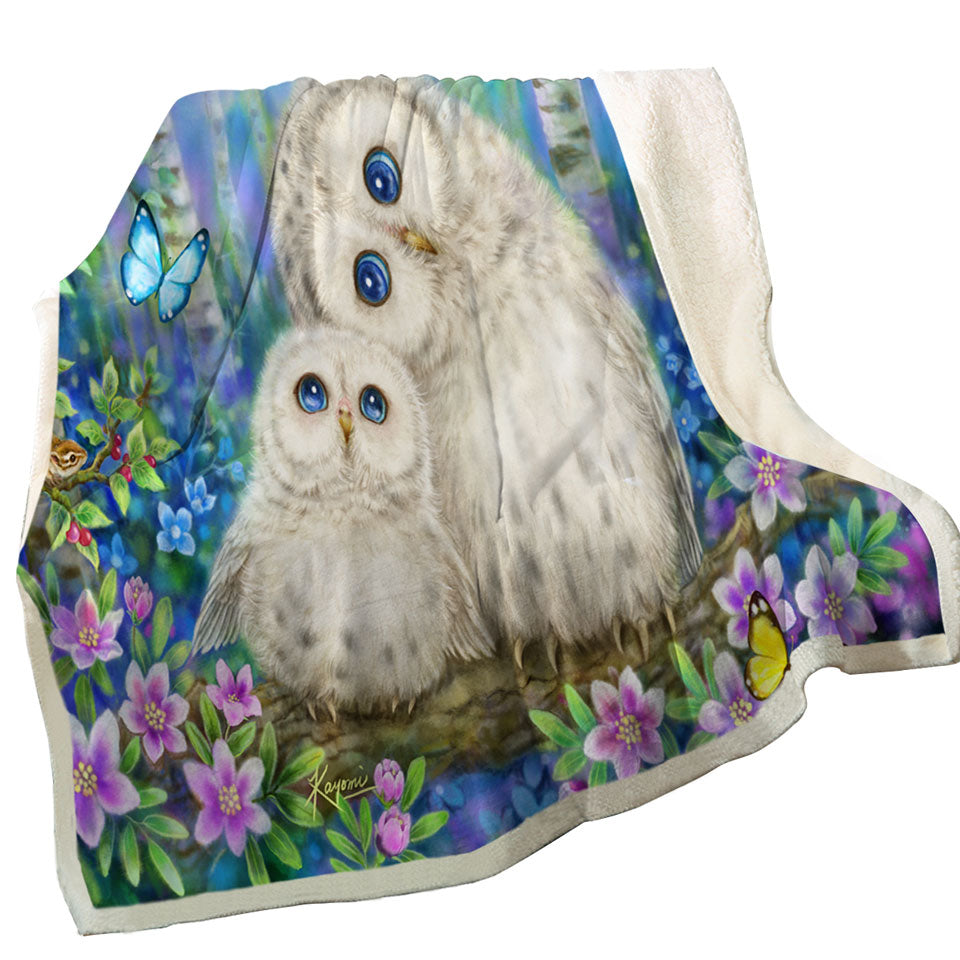 Nature Art Morning Breeze Flowers and Owls Decorative Blankets