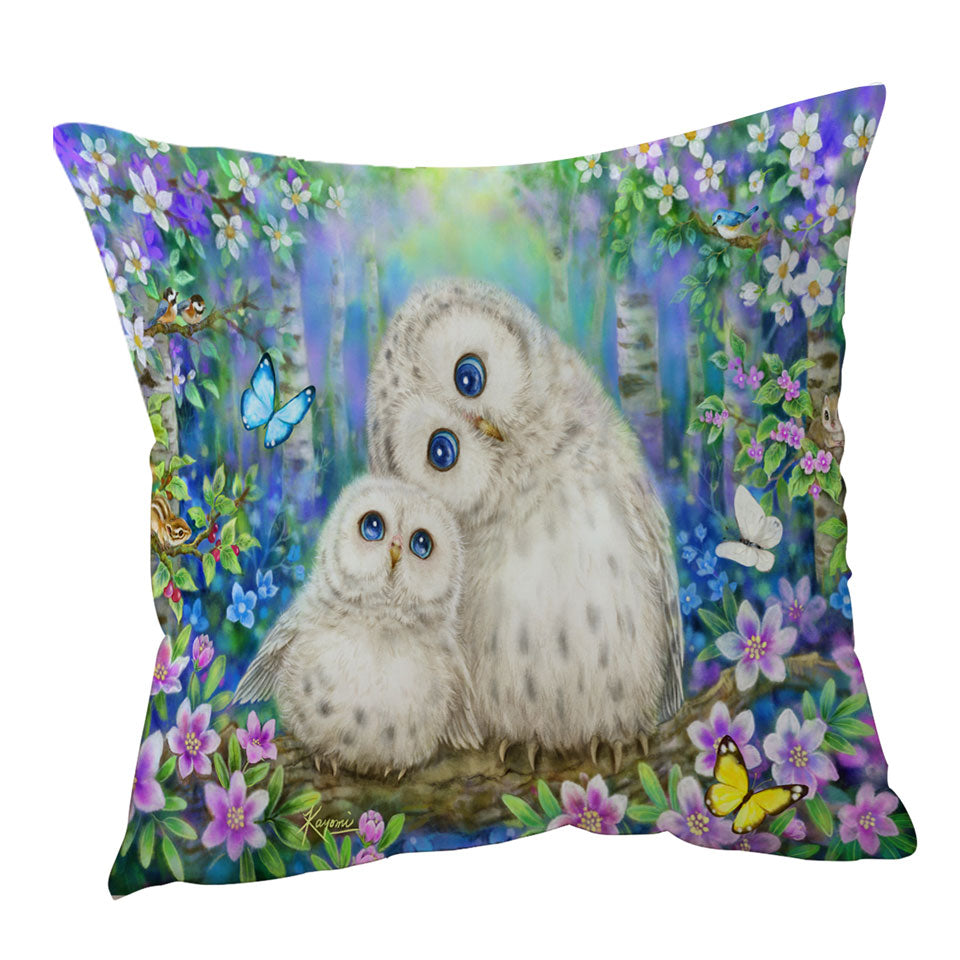 Nature Art Morning Breeze Flowers and Owls Throw Cushions