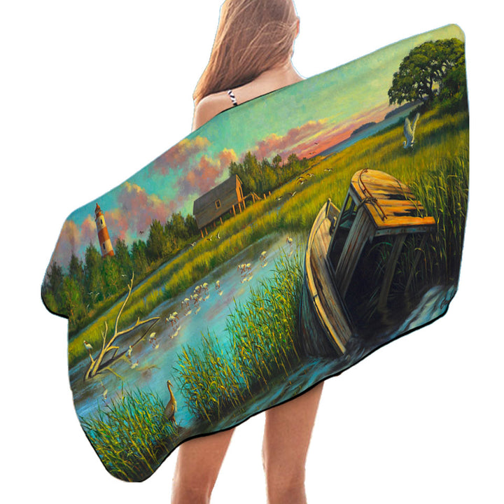 Nature Beach Towels Rustic Art Painting Laughing Gull Creek
