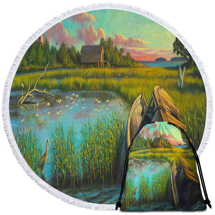 Nature Beach Towels and Bags Set Rustic Art Painting Laughing Gull Creek