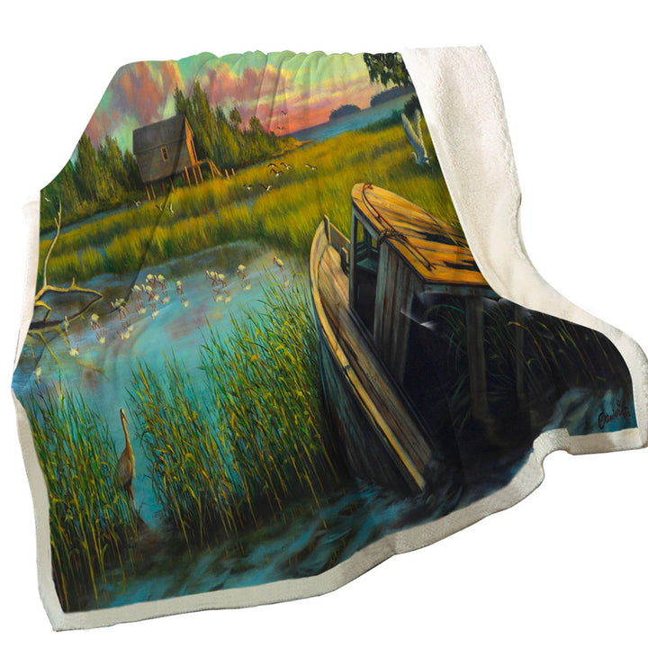 Nature Fleece Blankets Rustic Art Painting Laughing Gull Creek