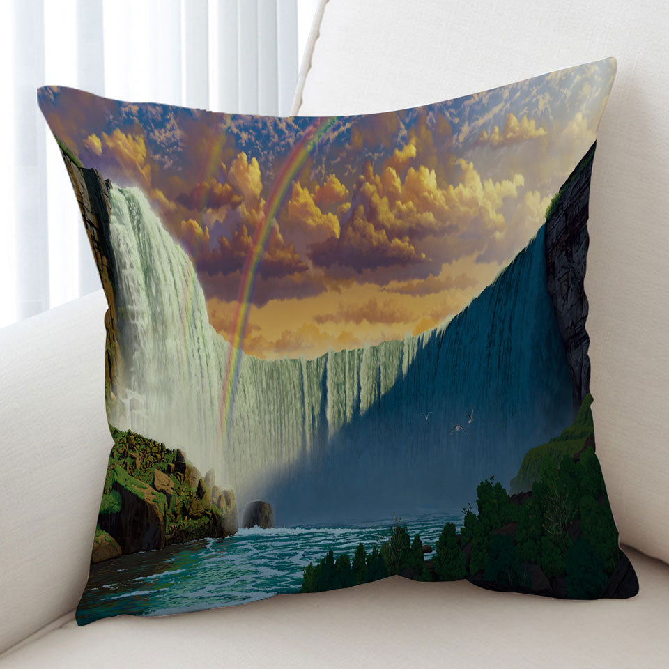Nature Landscape Art Rainbow over the Niagara Falls Cushion Cover