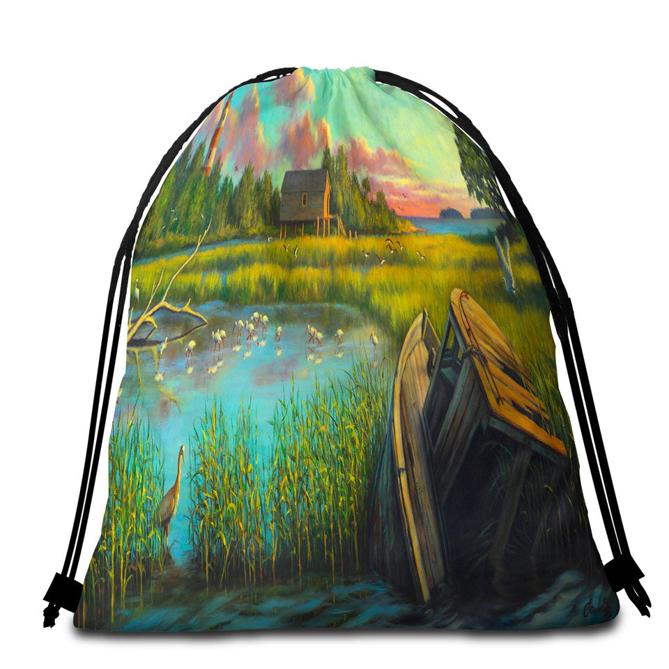 Nature Round Beach Towel Rustic Art Painting Laughing Gull Creek