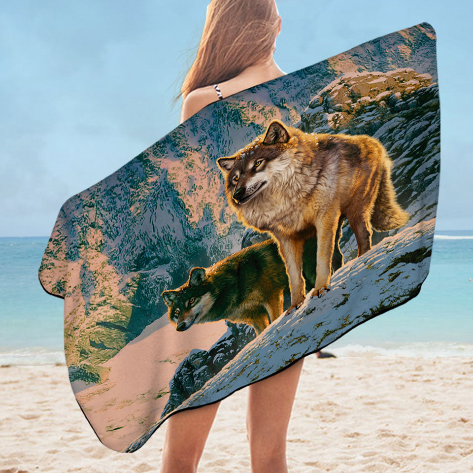 Nature Wildlife Beach Towels Art Wolf Couple in Sunset Microfiber Beach Towel