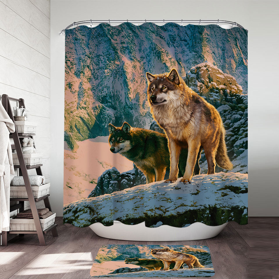 Nature Wildlife Shower Curtain Art Wolf Couple in Sunset