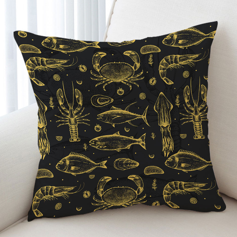 Nautical Cushions Golden Seafood Fish Crab and Squid