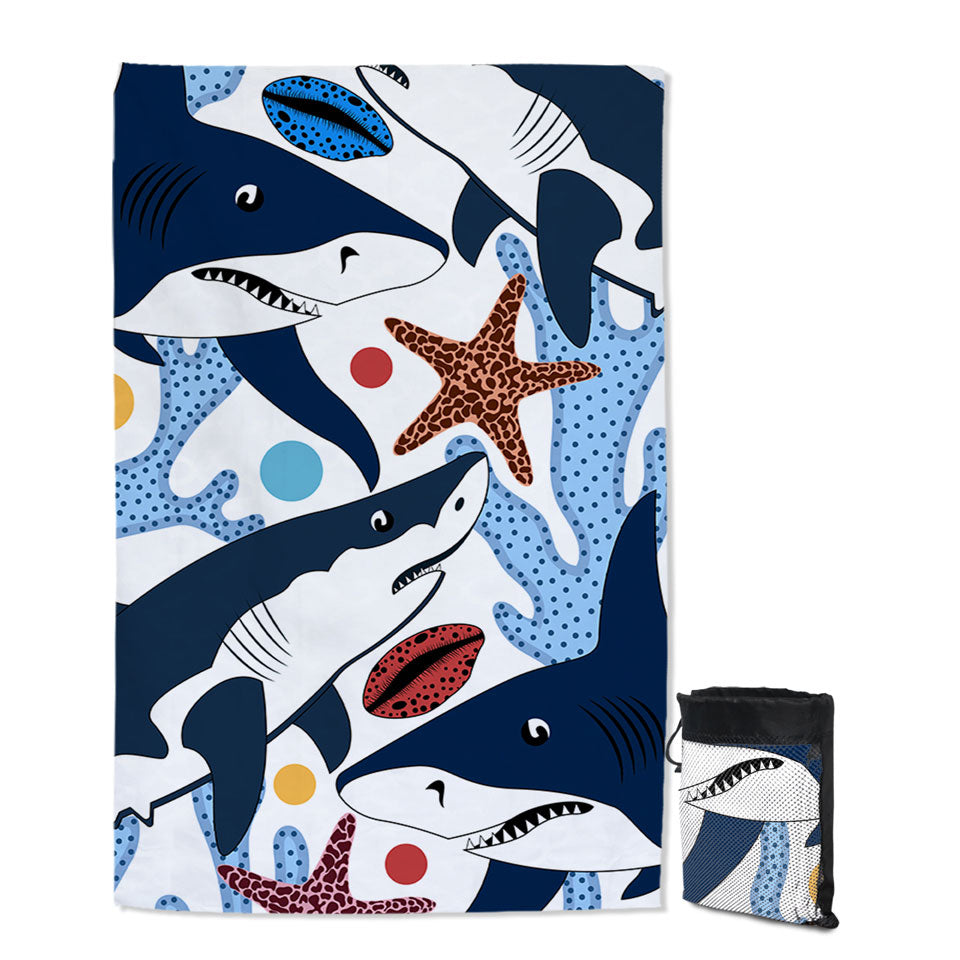 Nautical Quick Dry Beach Towel of Coral and Sharks