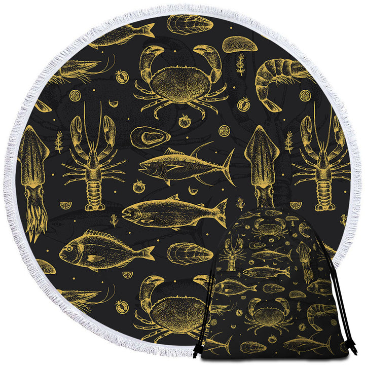Nautical Round Beach Towels Golden Seafood Fish Crab and Squid