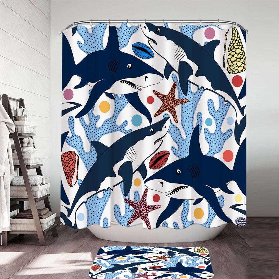 Nautical Shower Curtains Coral and Sharks