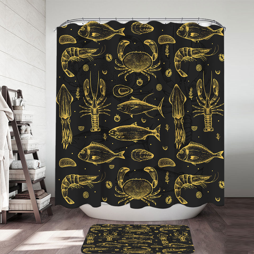 Nautical Shower Curtains Golden Seafood Fish Crab and Squid