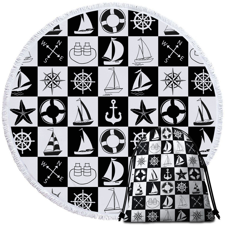 Nautical Themed Beach Towels and Bags Set Black and White Checkered