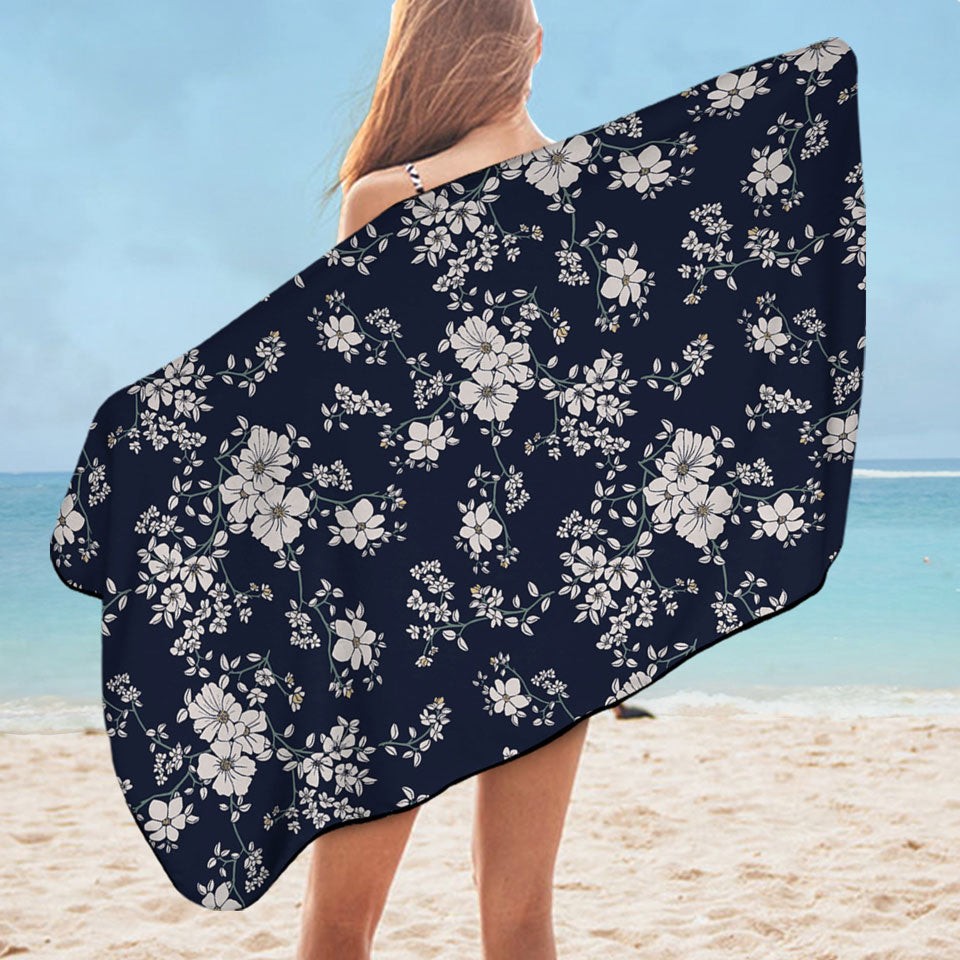 Nice Beach Towels Dark Blue Background for White Floral