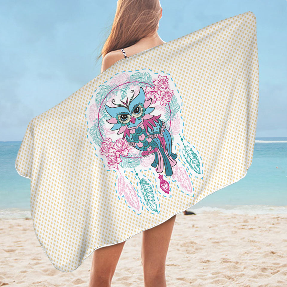 Nice Beach Towels Dream Catcher and Graceful Lady Owl