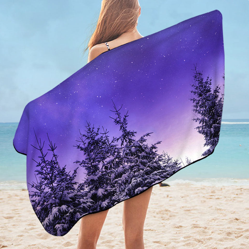 Nice Beach Towels Feature Bright Winter Night in the Snowy Forest