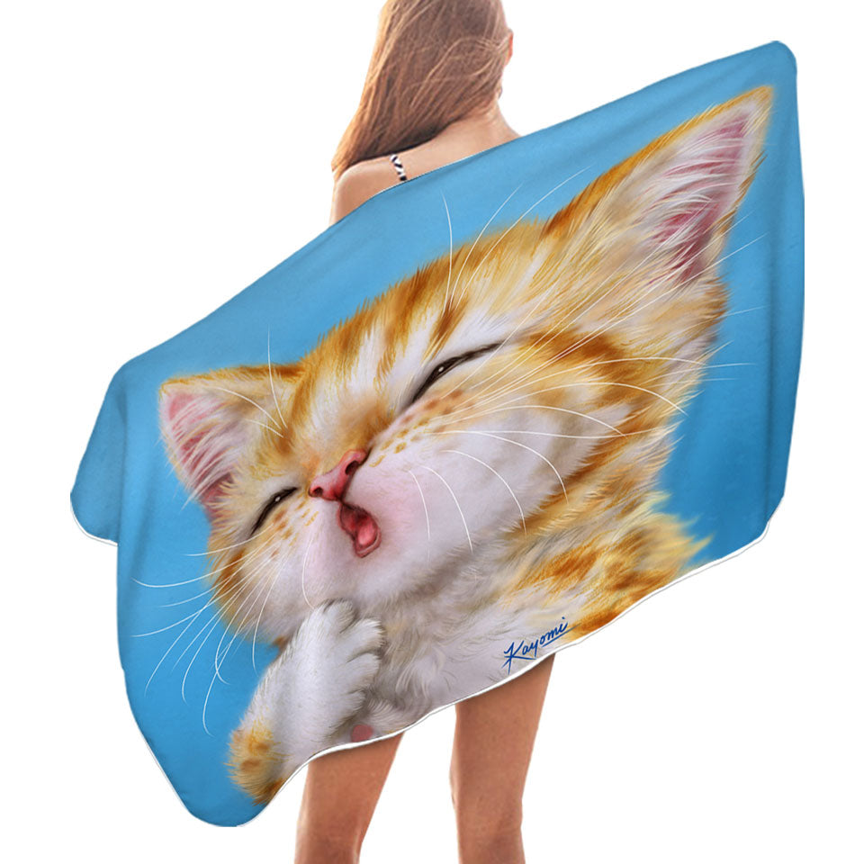 Nice Beach Towels Funny Cat Art Paintings Yawning Ginger Kitten