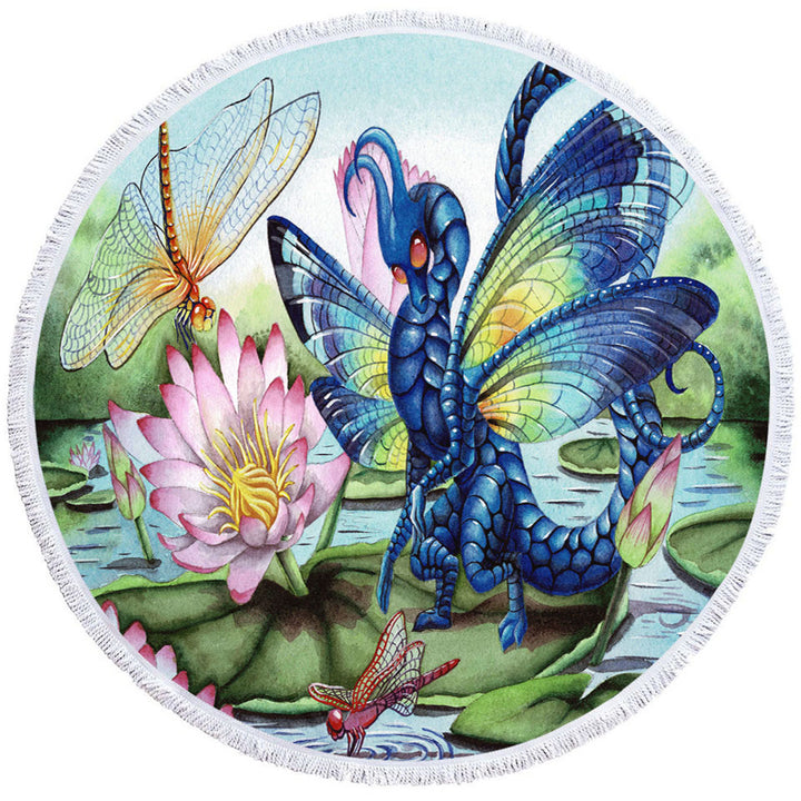 Nice Beach Towels of Giant Water Lilies Dragonflies and Dragon