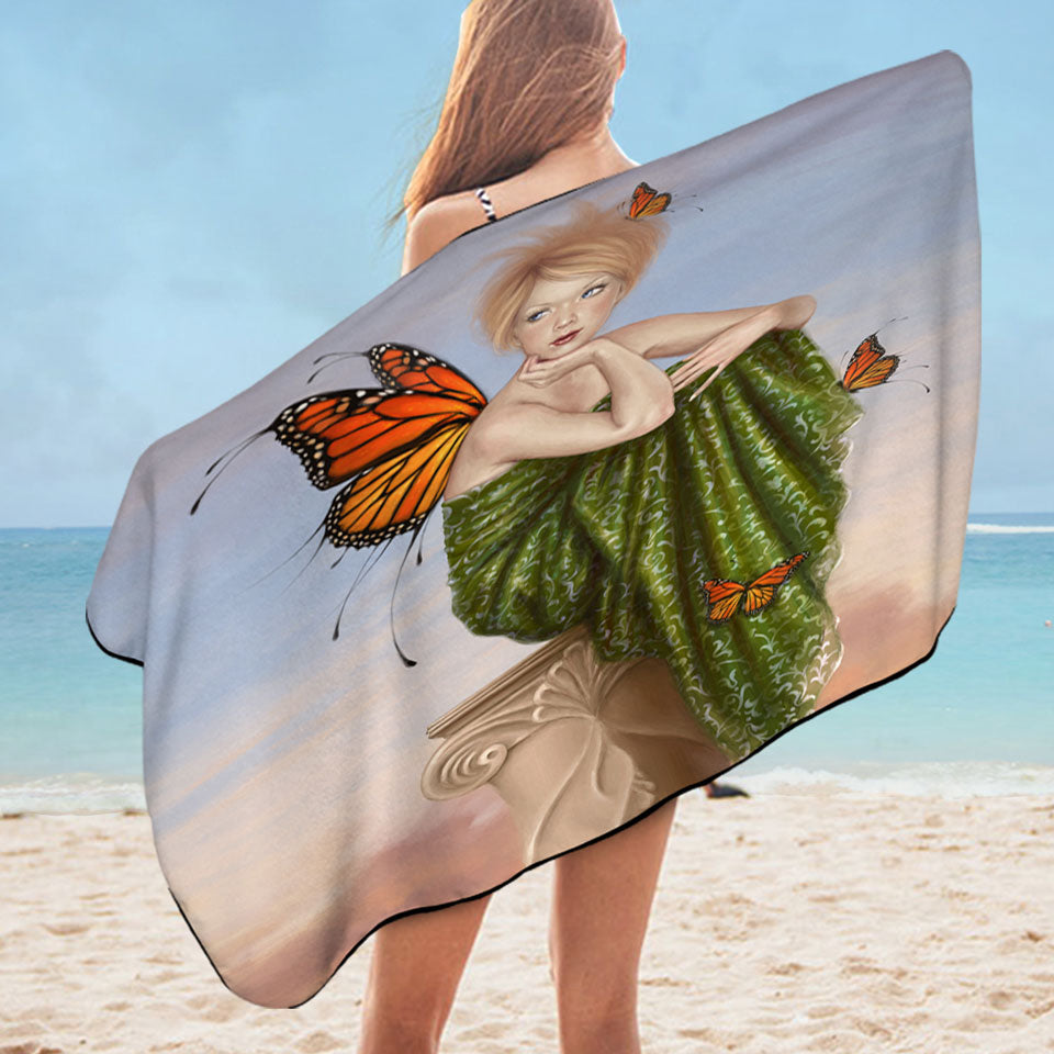 Nice Beach Towels with Art Painting Sunrise Butterfly Girl