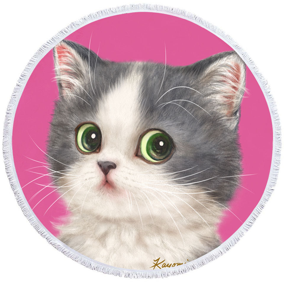 Nice Beach Towels with Cats Art Adorable Shy Kitten Over Pink