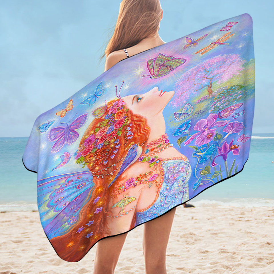 Nice Beach Towels with Colorful Fairy Art Butterflies and Flowers