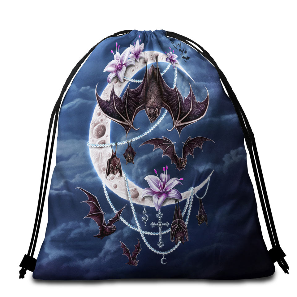 Night Art Bat Moon and Lilies Beach Bags and Towels