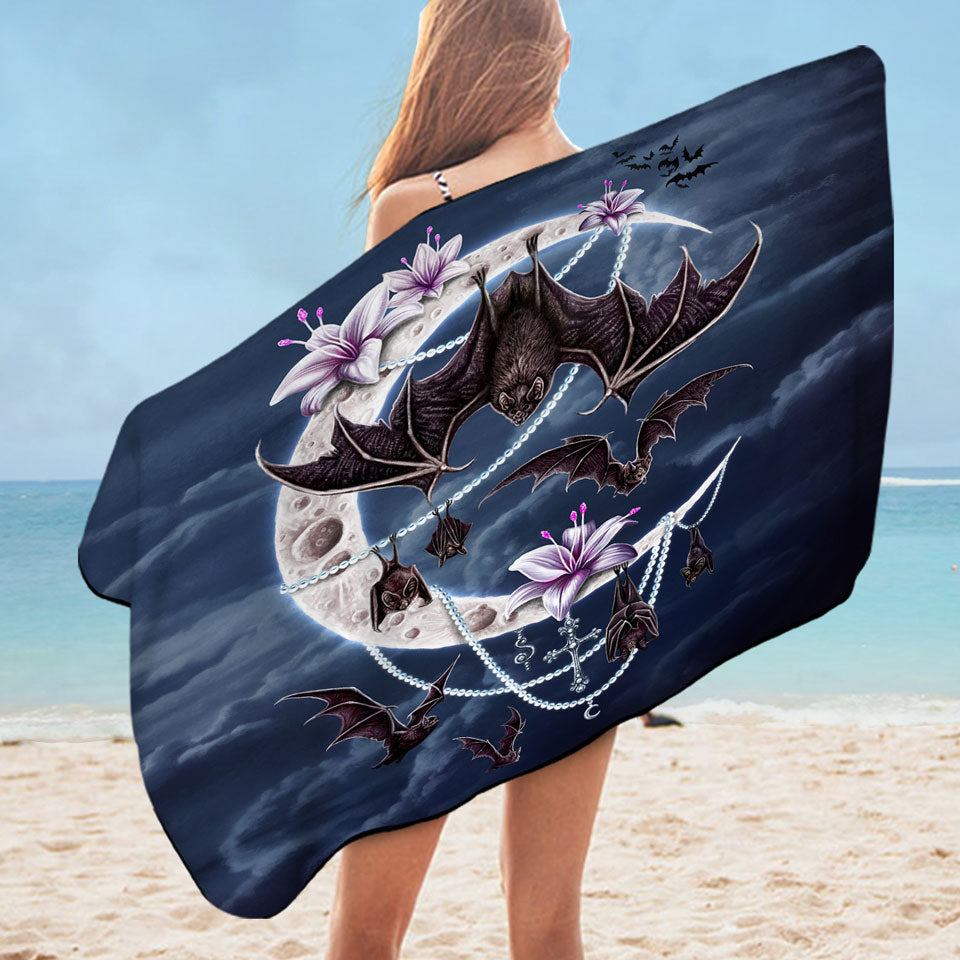 Night Art Bat Moon and Lilies Beach Towel
