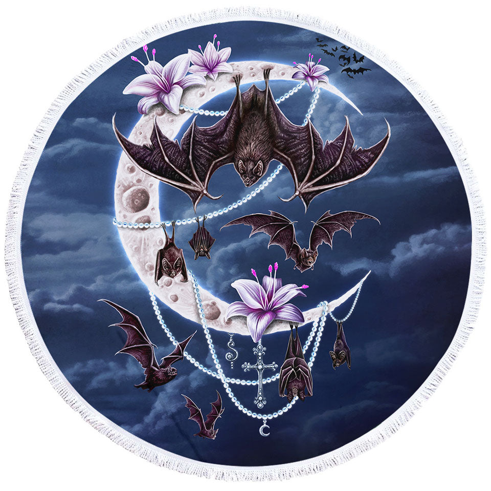 Night Art Bat Moon and Lilies Round Beach Towel