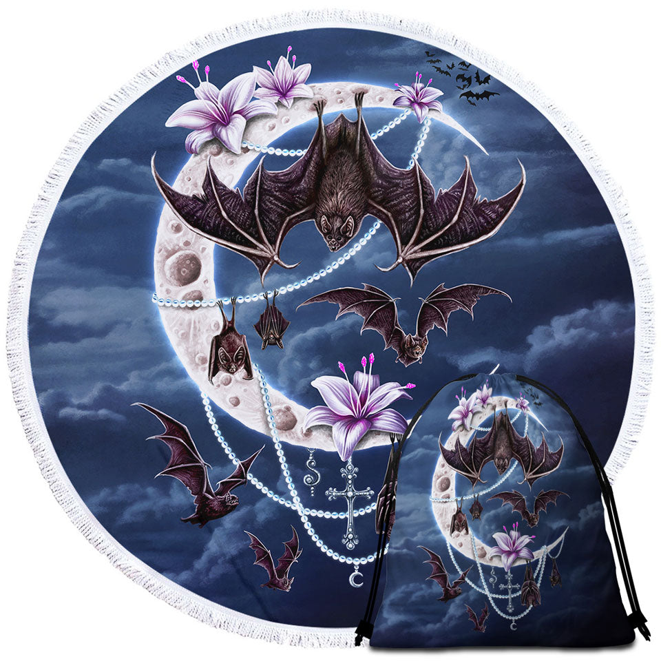 Night Art Bat Moon and Lilies Travel Beach Towel
