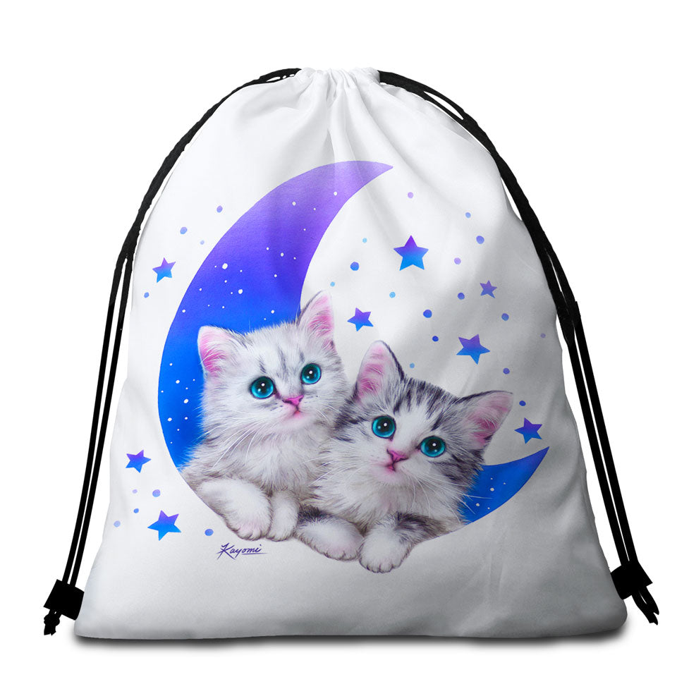 Night Moon and Stars Beach Towels and Bags Set with Sweet Grey Kittens