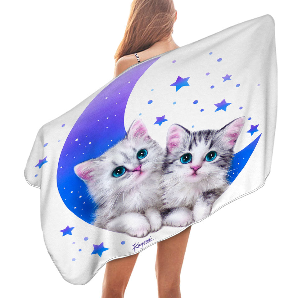 Night Moon and Stars Beach Towels with Sweet Grey Kittens