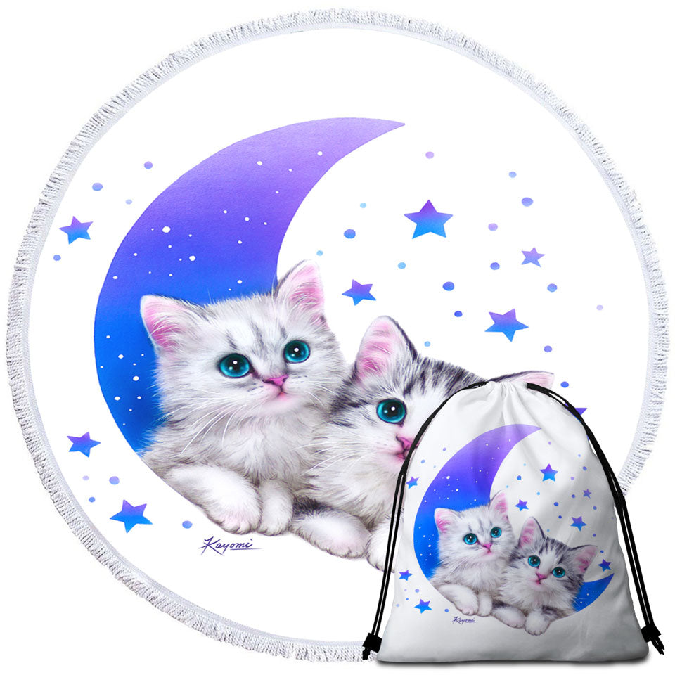 Night Moon and Stars Beach towels for Sale with Sweet Grey Kittens