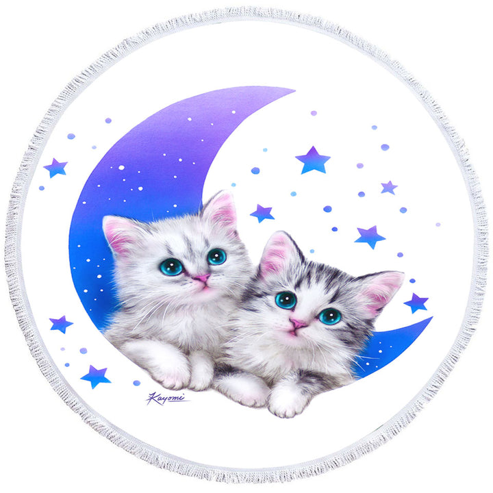 Night Moon and Stars Round Beach Towels with Sweet Grey Kittens