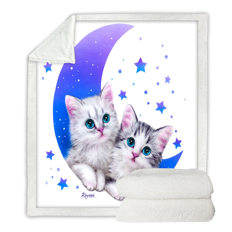 Night Moon and Stars Sherpa Blanket with Sweet Grey Kittens