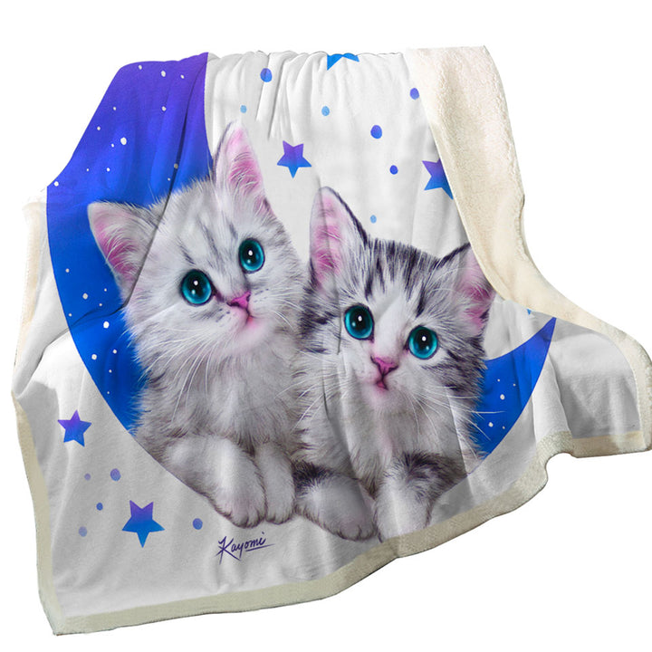 Night Moon and Stars Throw Blankets with Sweet Grey Kittens