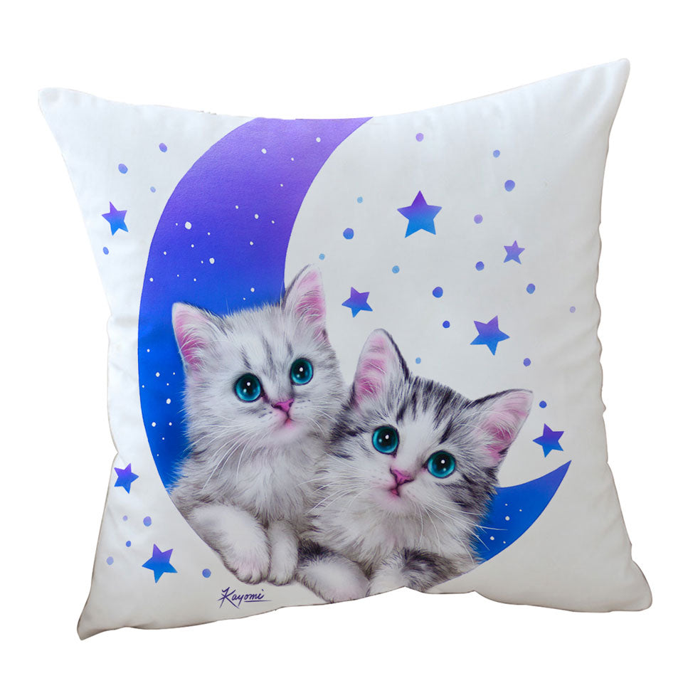 Night Moon and Stars Throw Pillows with Sweet Grey Kittens