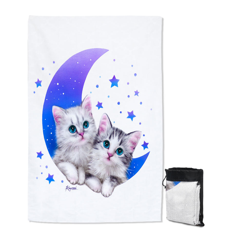 Night Moon and Stars Travel Beach Towel with Sweet Grey Kittens