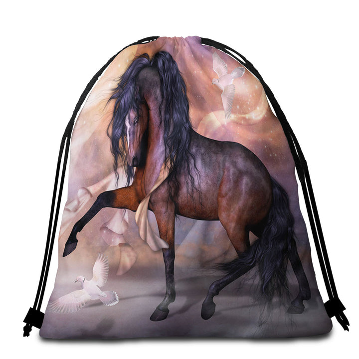 Noble and Graceful Brown Horse and Doves Beach Towel Bags