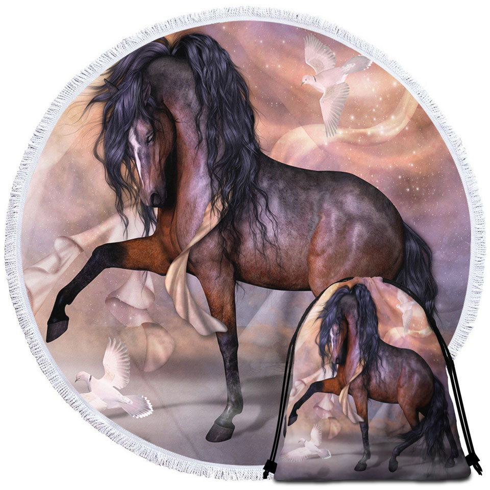 Noble and Graceful Brown Horse and Doves Beach Towels