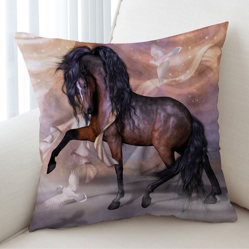Noble and Graceful Brown Horse and Doves Cushion