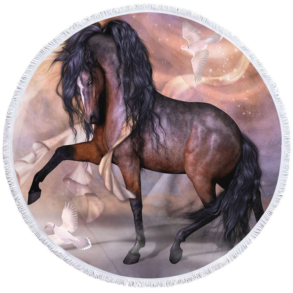 Noble and Graceful Brown Horse and Doves Round Beach Towel