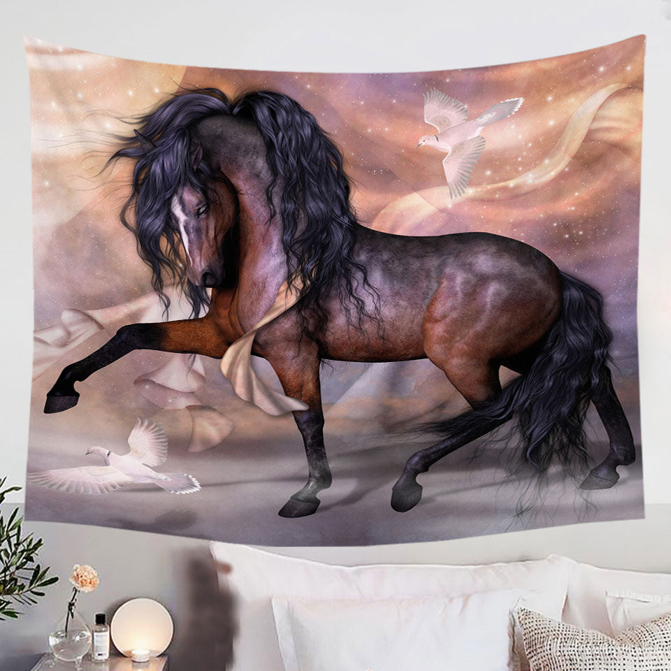 Noble-and-Graceful-Brown-Horse-and-Doves-Tapestry-Wall-Decor