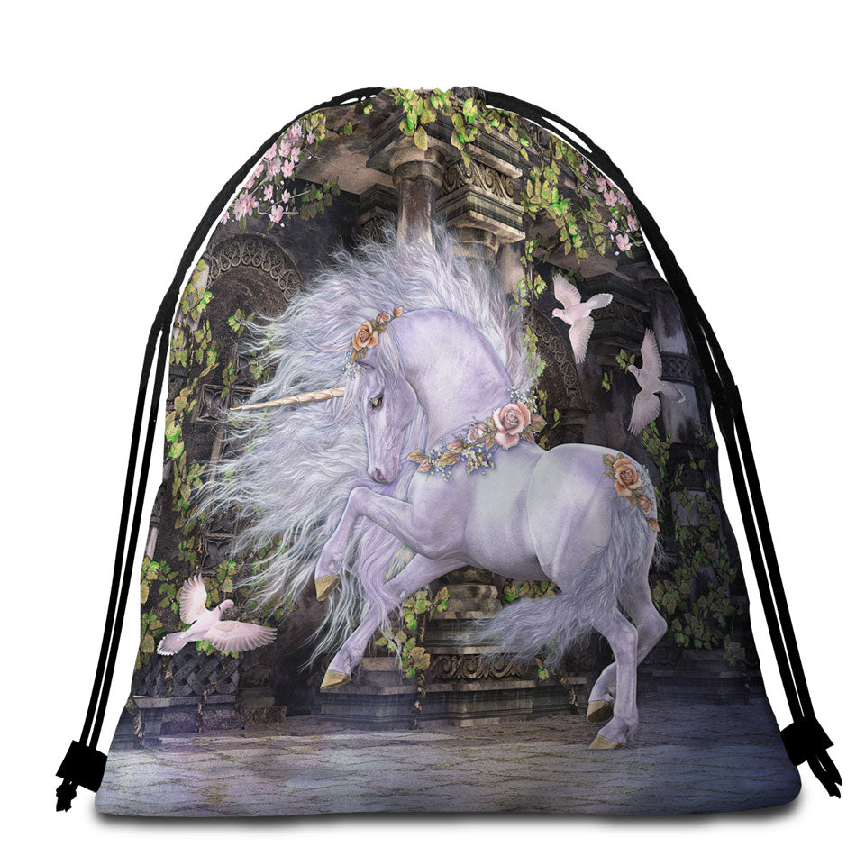 Noble and Graceful White Horse and Doves Beach Towel Bags for Girls